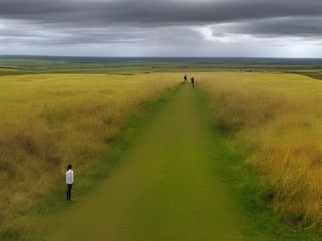 A person standing at a forked path with one road leading towards a sunny landscape and the other towards a stormy one, representing the choice between honesty and dishonesty in communication