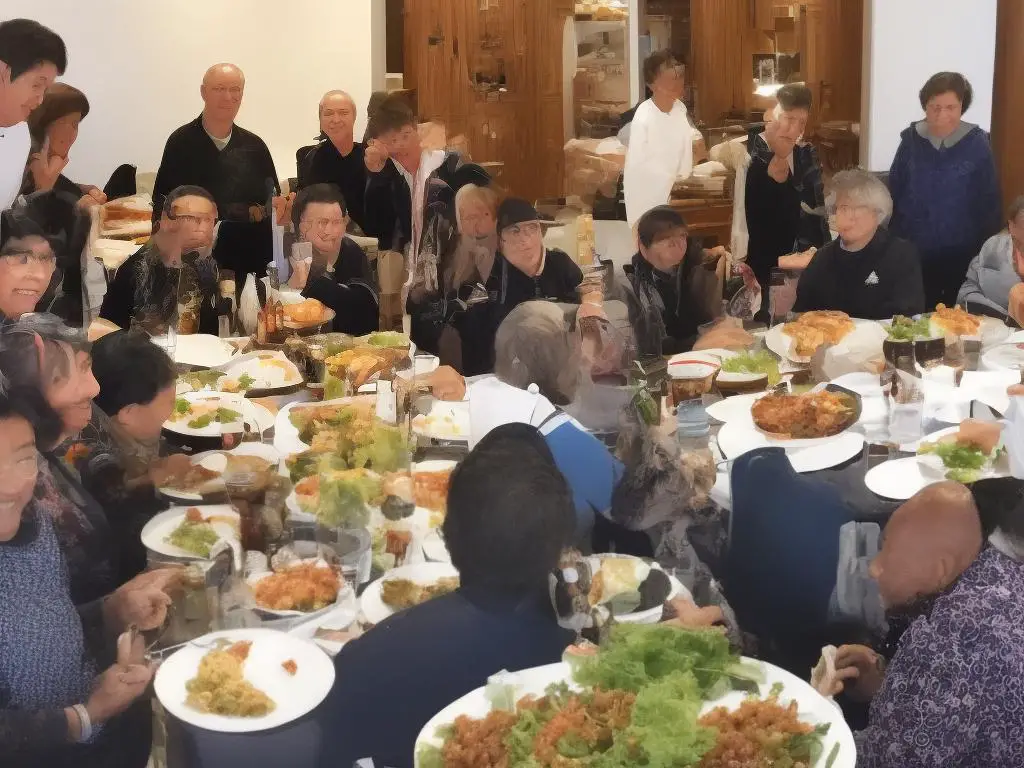 a group of people from different cultural and religious backgrounds gathered around a table with food