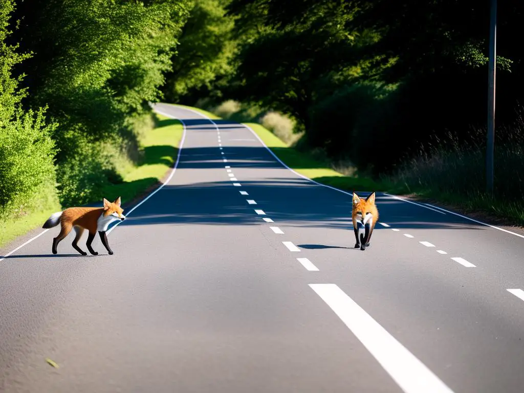 An image of a fox crossing the road with a car waiting patiently in the background.