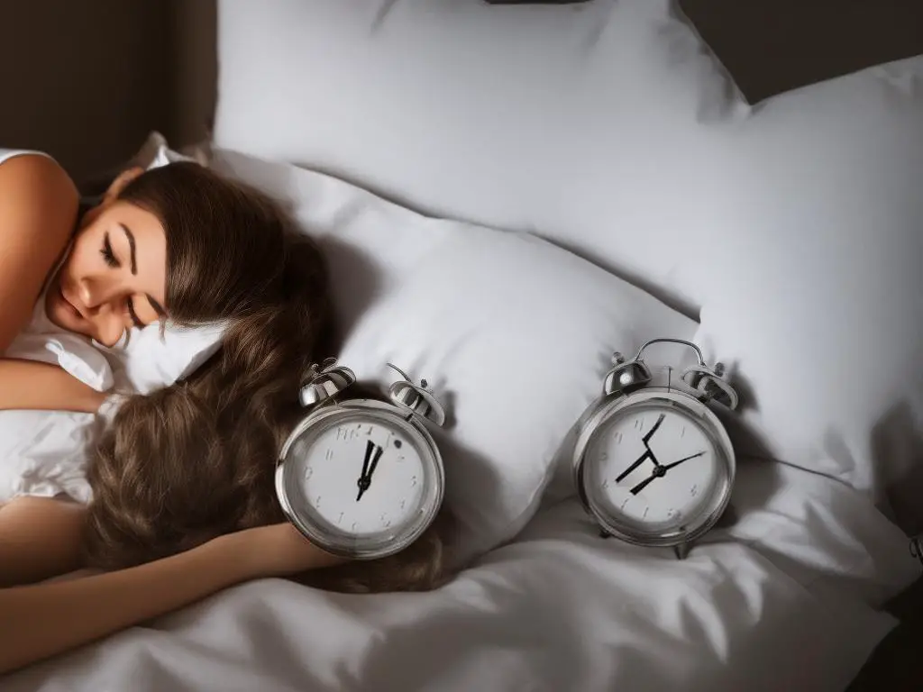 A person sleeping in bed with an alarm clock on the nightstand, showing the time of 9:00 am, while they are missing the alarm ringing next to them
