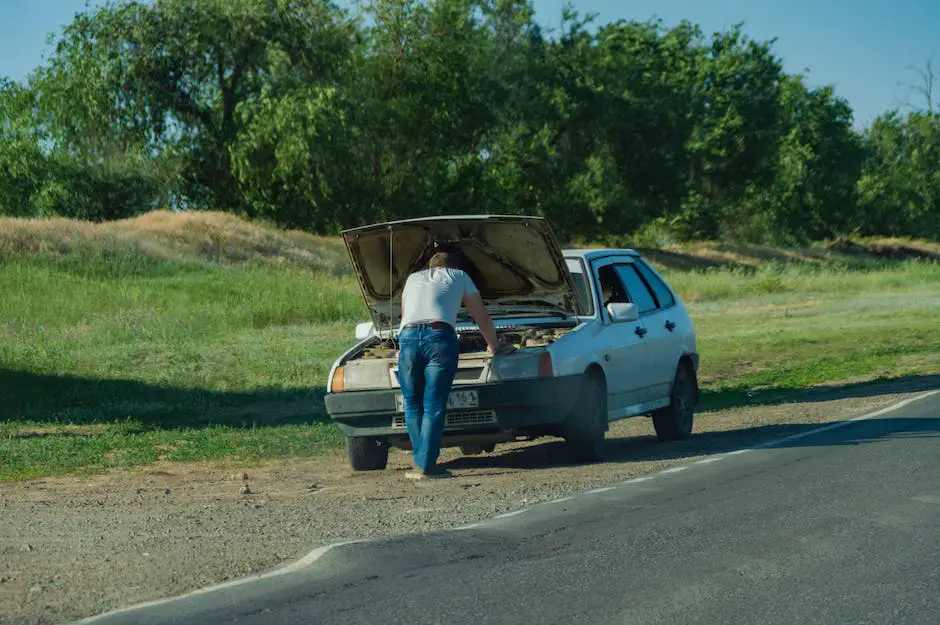A person fixing a flat tire on their car on the side of the road.