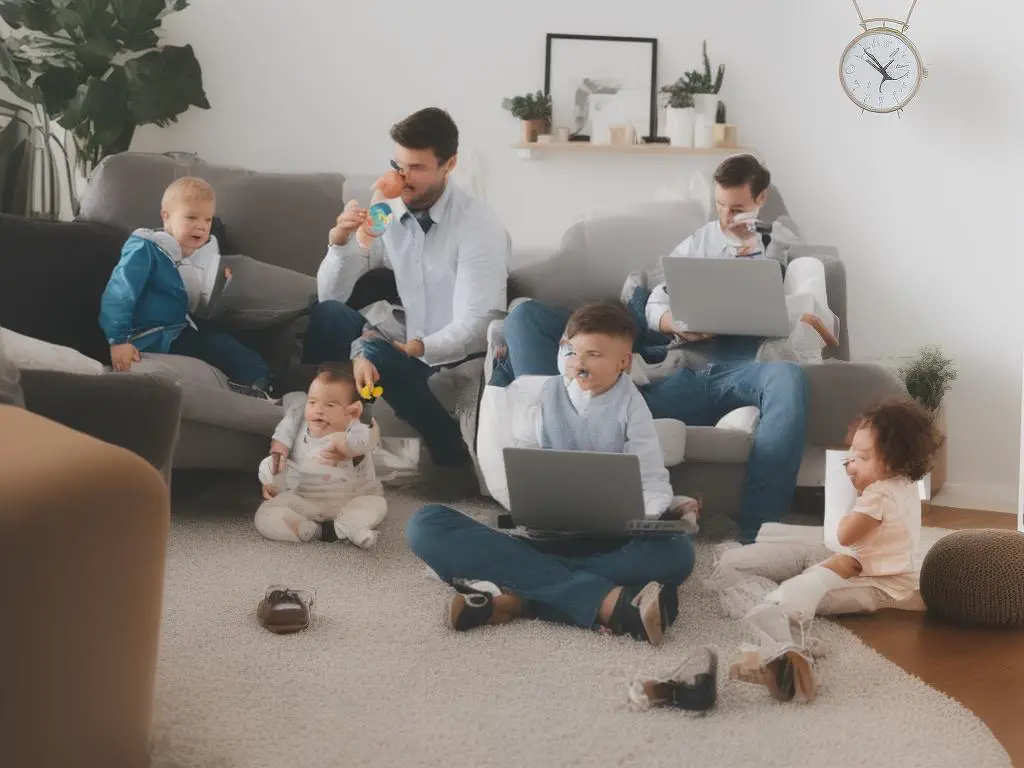 A stressed person juggling a clock, a laptop, and a baby with a pacifier in their mouth