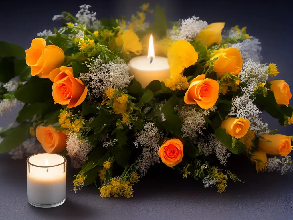 A bouquet of flowers and a candle on a dark background to represent condolences and sympathy.