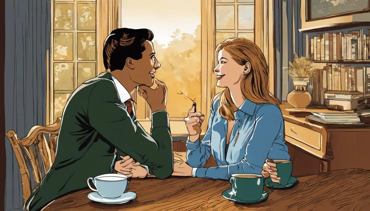 Illustration of two friends having a conversation, depicting the importance of effective communication and etiquette in maintaining relationships.