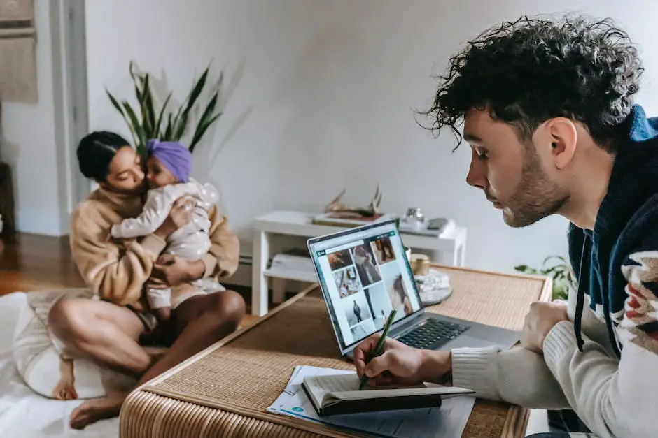 Image of a person working from home with a child in the background, representing flexibility in work hours and childcare duties.