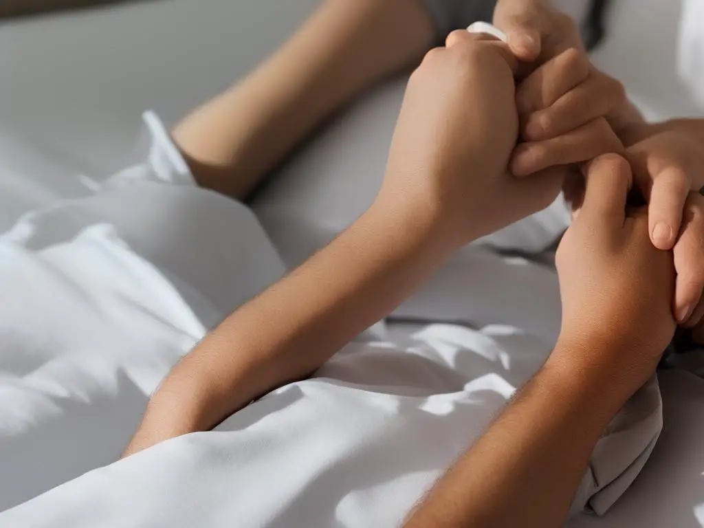 A person holding their hand to their forehead, looking ill and lying on a bed