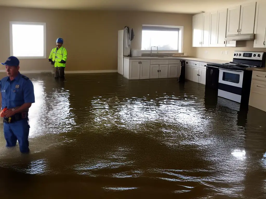 A person wearing a hard hat standing in front of a flooded kitchen with water spouting out from a broken pipe.