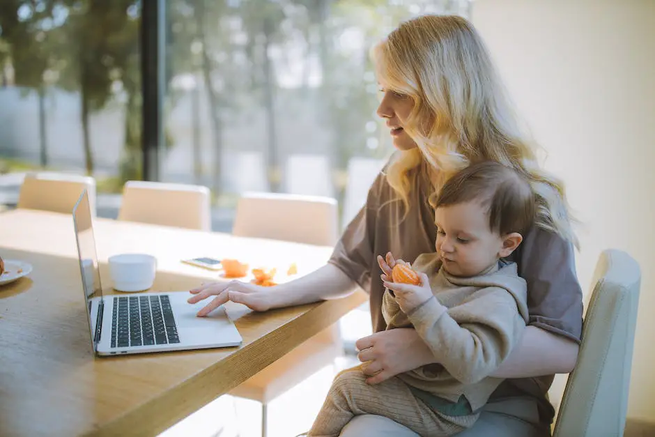 Illustration of a working parent multitasking with a child on their lap and a laptop on a desk.