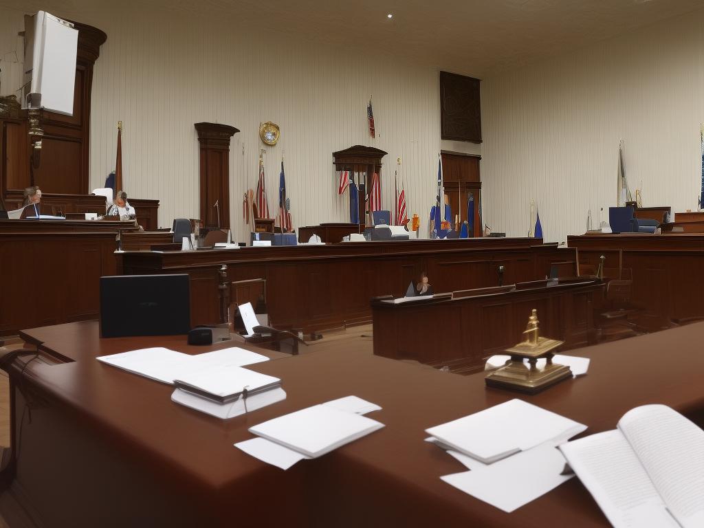 An image of a courtroom with an open law book and a gavel on the judge's desk.