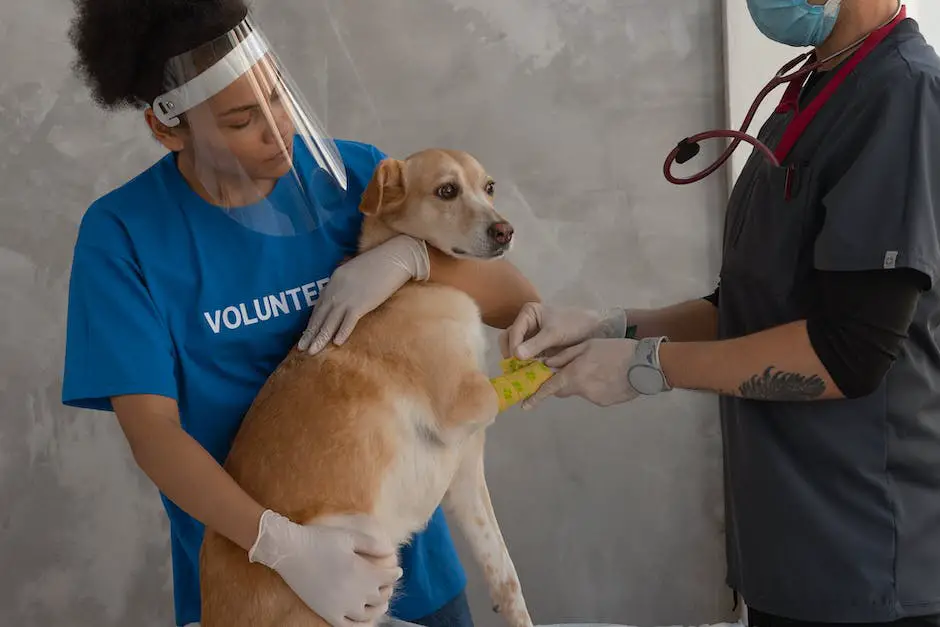 A person crouches next to a dog holding its paw, indicating they are caring for the pet's health needs.