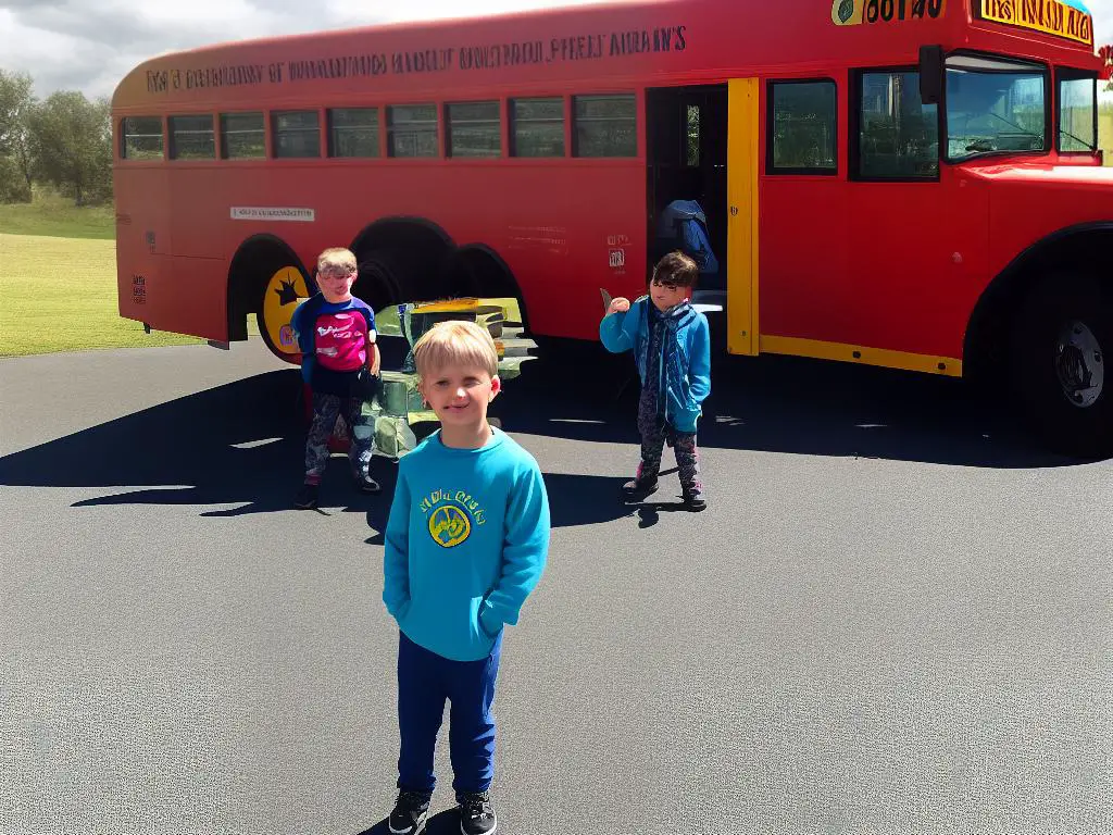 Image of a child standing in front of a school bus, suggesting the topic of the text: school policies for children sick day excuses.