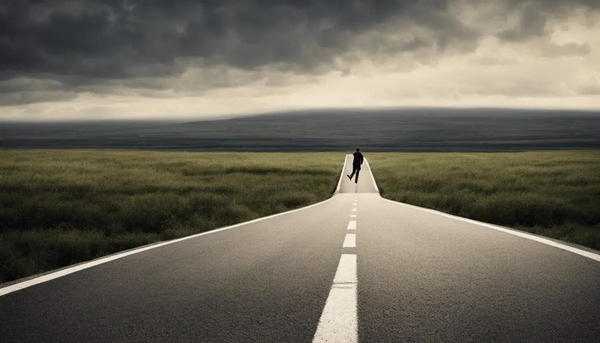 A person standing at a crossroad, symbolizing the struggle to balance social pressure and personal needs.