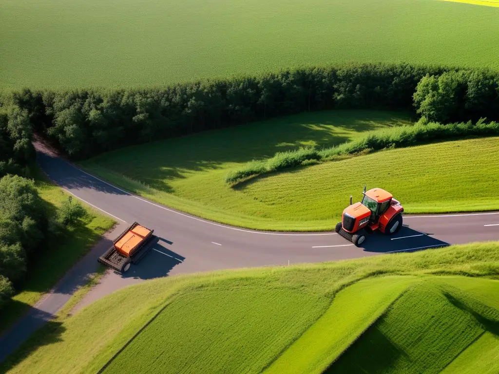 Image of a rural road with a tractor blocking the way